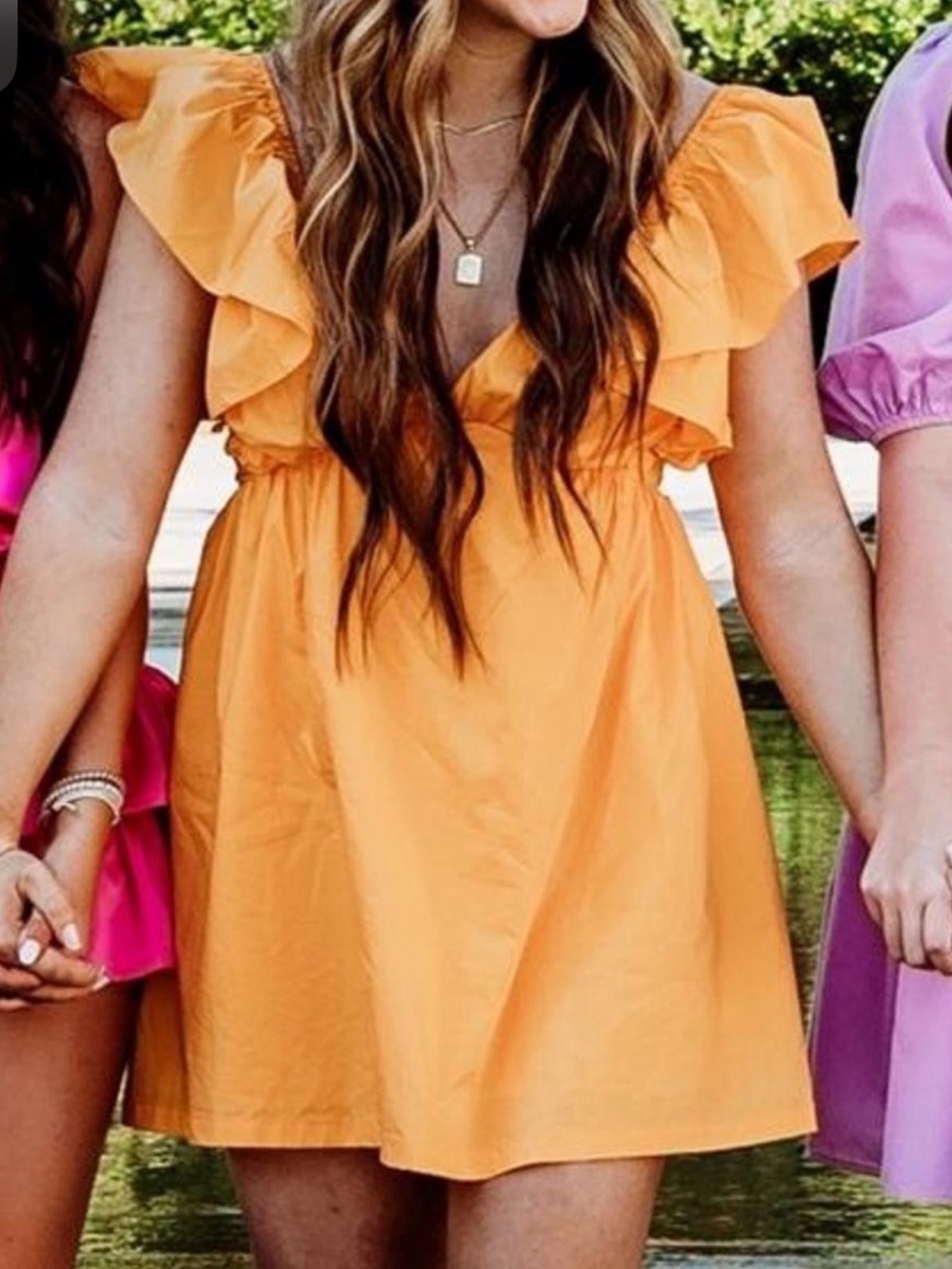 Ruffled V-Neck Mini Dress in Vibrant Orange - Picture 2 of 8